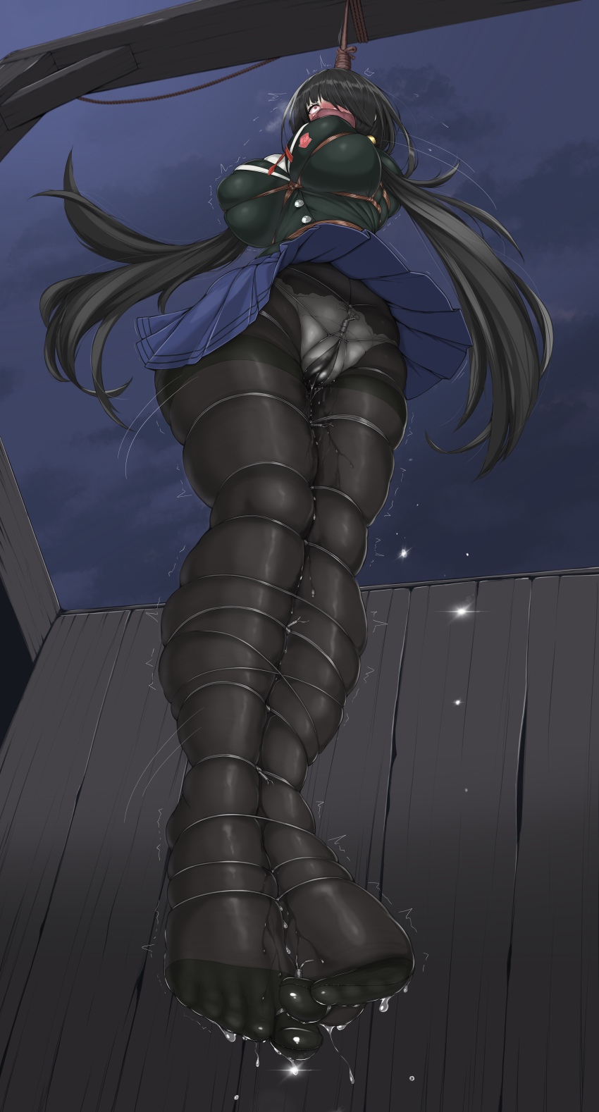 1girl absurdres ameng_(katena1990) bdsm black_hair black_jacket black_pantyhose blue_skirt blush bondage bound breasts cloth_gag crotch_rope date_a_live execution gag gagged gallows hanged highres immobilization improvised_gag jacket large_breasts long_hair low_twintails no_shoes outdoors panties panties_under_pantyhose pantyhose peeing pleated_skirt restrained school_uniform shibari skindentation skirt solo tokisaki_kurumi twintails underwear upskirt white_panties