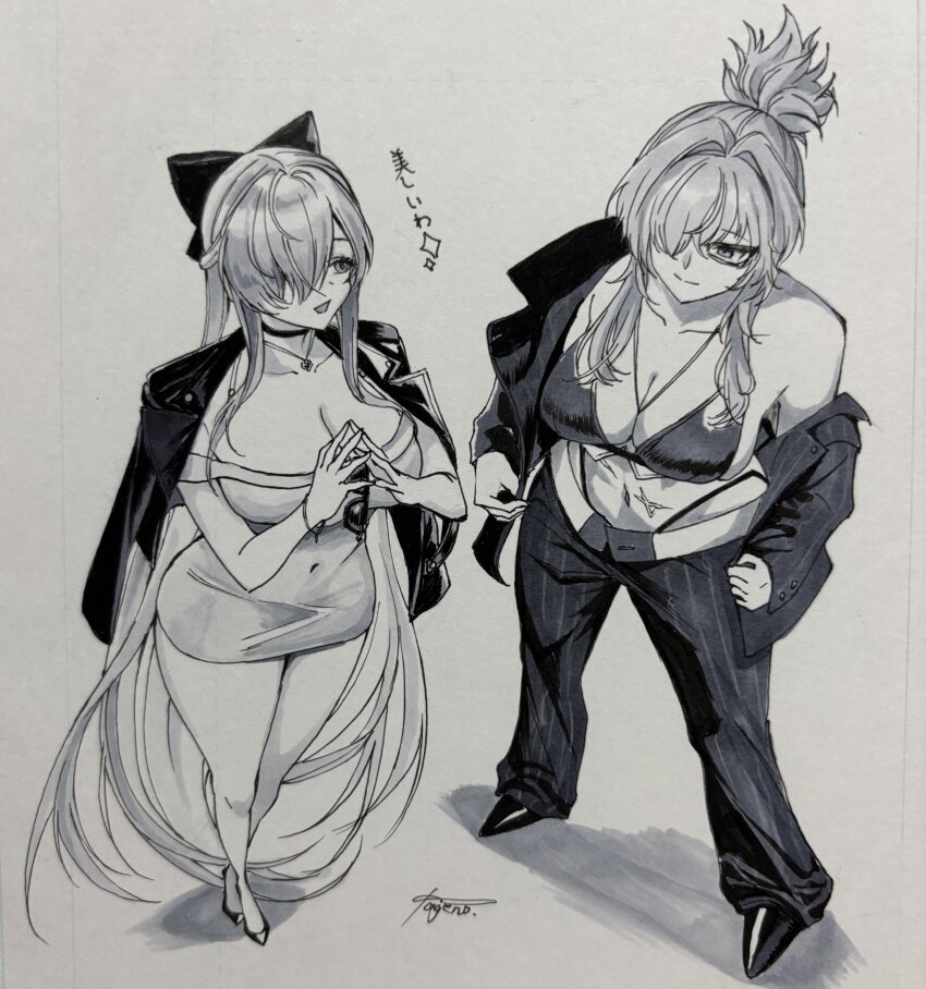 2girls cinderella_(beautiful_me)_(nikke) cinderella_(nikke) dongtan_dress eyewear_hang formal_clothes goddess_of_victory:_nikke grave_(beautiful_you)_(nikke) grave_(nikke) highres leather_bikini meme_attire mugen_kageno multiple_girls multiple_scars official_alternate_costume official_alternate_hairstyle pants pinstripe_jacket pinstripe_pants pinstripe_pattern pinstripe_suit scar signature suit traditional_media translation_request unworn_eyewear