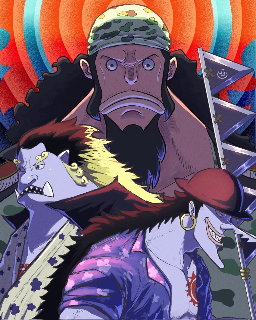 3boys aged_down arlong bandana beard black_hair blue_sky chest_tattoo closed_mouth colored_skin commentary_request earrings facial_hair fisher_tiger hair_slicked_back highres japanese_clothes jewelry jinbe_(one_piece) kimono long_hair long_nose looking_at_viewer male_focus multiple_boys one_piece onepiece_banbi red_skin sharp_teeth short_sleeves sideburns sky smile tattoo teeth tusks