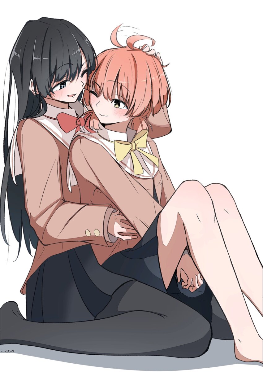 2girls ahoge black_eyes black_hair black_pantyhose black_skirt blush brown_shirt commentary_request highres koito_yuu long_hair low_twintails multiple_girls nanami_touko no_shoes nobunaga_(nbng_g) one-eyed open_mouth orange_hair own_hands_together pantyhose purple_eyes school_uniform shirt short_hair short_twintails skirt tohmi_higashi_high_school_uniform twintails yagate_kimi_ni_naru yellow_eyes yuri