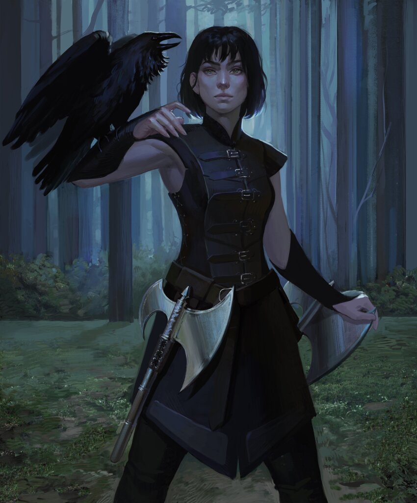 1girl absurdres animal_on_arm axe battle_axe bird bird_on_arm black_hair breasts commentary commission crow english_commentary expressionless forest grass green_eyes highres medium_breasts nature original second-party_source short_hair solo sunriseart3 tree weapon