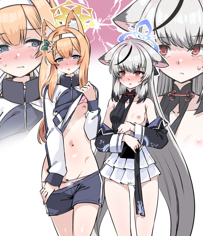 2girls absurdres animal_ear_fluff animal_ears blue_archive blue_eyes blue_shorts blush bra breasts clothes_lift clothes_pull commentary_request flower fox_ears gluteal_fold grey_hair hair_flower hair_ornament halo harigane_shinshi highres kokona_(blue_archive) lifting_own_clothes long_hair looking_at_another looking_at_viewer mari_(blue_archive) mari_(track)_(blue_archive) multiple_girls navel nipples orange_hair panties pink_bra pink_panties pulling_own_clothes red_eyes shirt_lift shorts shorts_pull skirt small_breasts sparks stomach sweat thigh_gap underwear very_long_hair white_skirt