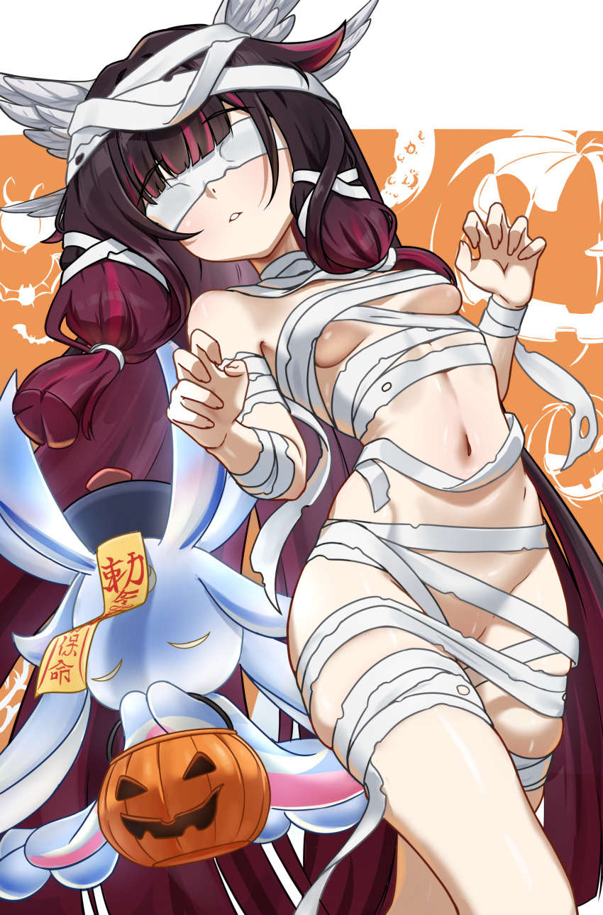 1girl absurdres bandaged_arm bandaged_chest bandaged_head bandaged_leg bandages bandages_over_eyes black_hair breasts bucket claw_pose closed_eyes columbina_(genshin_impact) cowboy_shot facing_viewer genshin_impact halloween halloween_bucket hat head_wings highres holding holding_bucket long_hair luonnotar_(genshin_impact) multicolored_hair mummy_costume naked_bandage navel ofuda ofuda_on_head pumpkin purple_hair qingdai_guanmao small_breasts stomach two-tone_hair very_long_hair wings zancrowkami