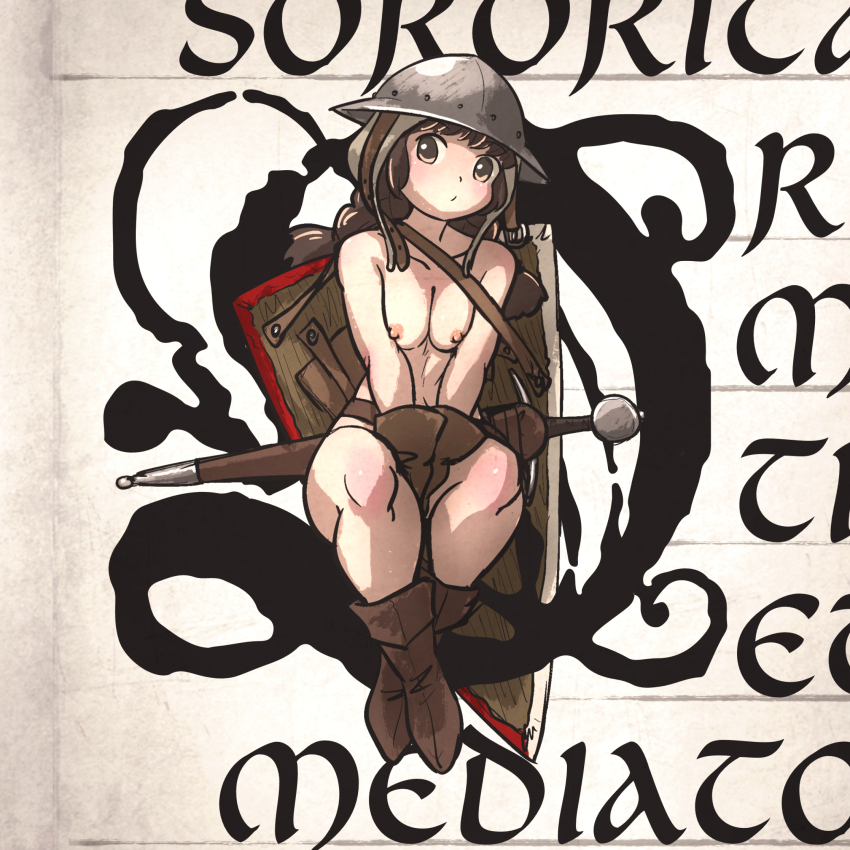 1girl between_legs boots braid breasts brown_eyes brown_hair coif gloves hand_between_legs helmet highres ironlily kettle_helm kite_shield latin_text manuscript_paper medium_breasts nipples nude ordo_mediare_sisters_(ironlily) scabbard sheath sheathed shield shield_on_back sitting solo sword twin_braids twin_braids_sister_(ironlily) weapon
