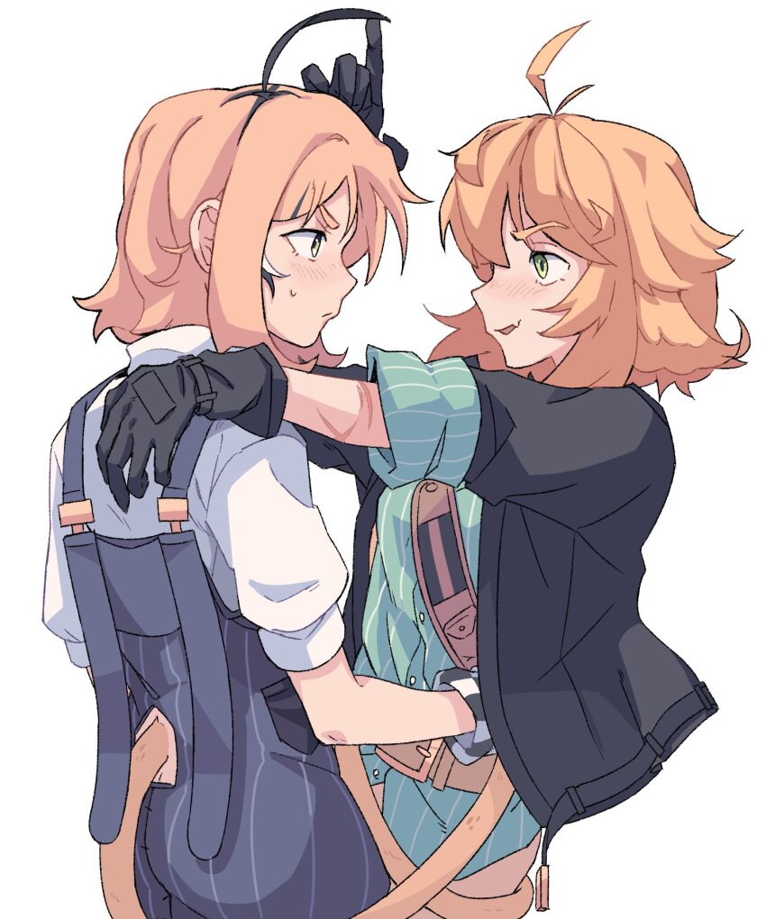 2girls addendium ahoge black_gloves black_jacket blonde_hair blue_overalls blush dokibird_(vtuber) dokibird_(vtuber)_(bounty_hunter) dooby_(vtuber) feather_hair gloves goggles green_eyes highres indie_virtual_youtuber jacket medium_hair multiple_girls overalls shirt short_hair simple_background tail virtual_youtuber white_background