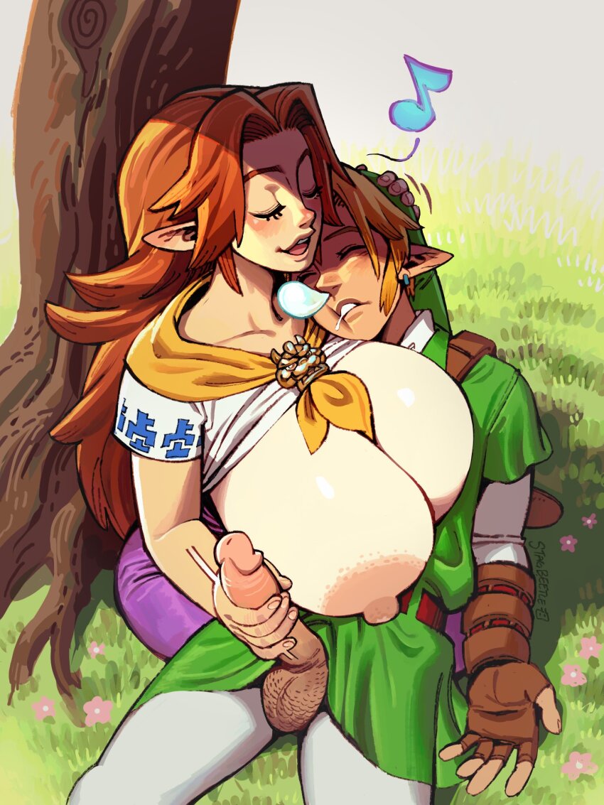1boy 1girl blonde_hair breasts gigantic_breasts handjob highres large_penis link malon music nintendo nipples on_lap orange_hair penis sagging_breasts singing sleeping stag-beetle the_legend_of_zelda the_legend_of_zelda:_ocarina_of_time uncensored