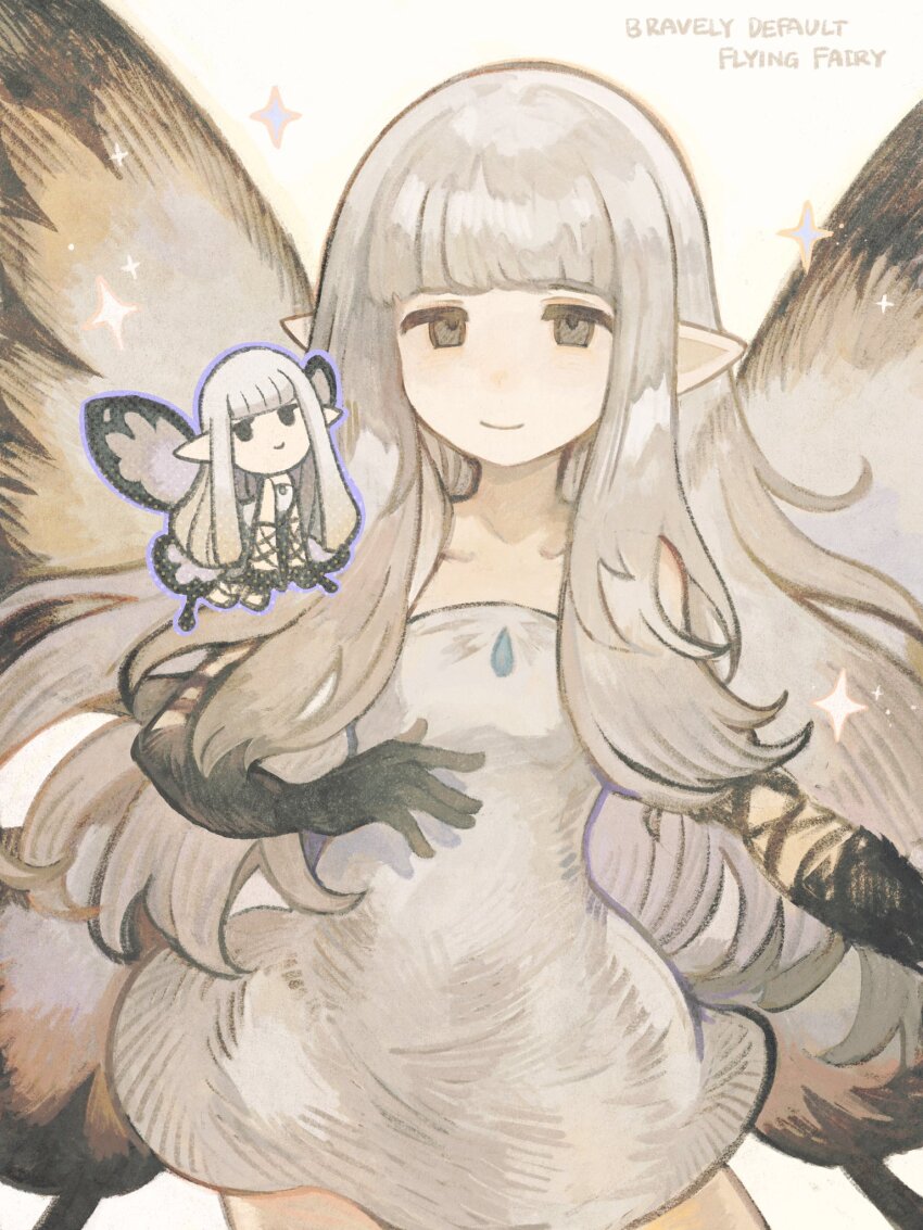1girl airy_(bravely_default) black_gloves bravely_default:_flying_fairy bravely_default_(series) butterfly_wings cross-laced_clothes cross-laced_gloves dress fairy gloves highres insect_wings juneliu927 long_hair pointy_ears short_dress smile strapless strapless_dress white_dress white_hair wings