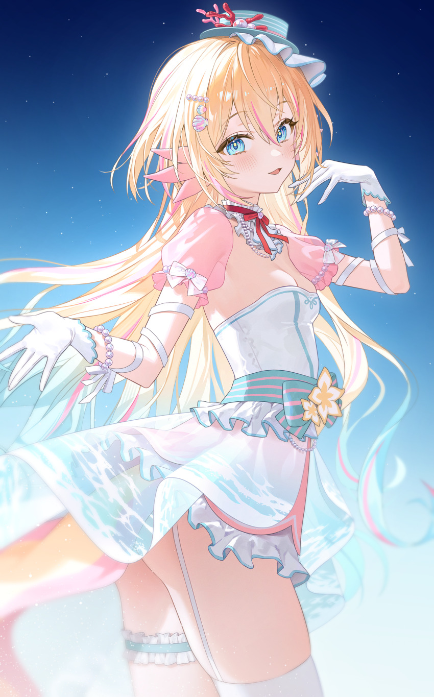 1girl absurdres aholo_rupa ass_peek blonde_hair blue_eyes blue_hat breasts cowboy_shot detached_sleeves dress frilled_thigh_strap from_side fymrie garter_straps gradient_hair hat highres indie_virtual_youtuber long_hair looking_at_viewer multicolored_hair see-through_clothes see-through_sleeves short_dress short_sleeves single_garter_strap single_thighhigh small_breasts solo strapless strapless_dress thigh_strap thighhighs thighs top_hat very_long_hair virtual_youtuber white_dress