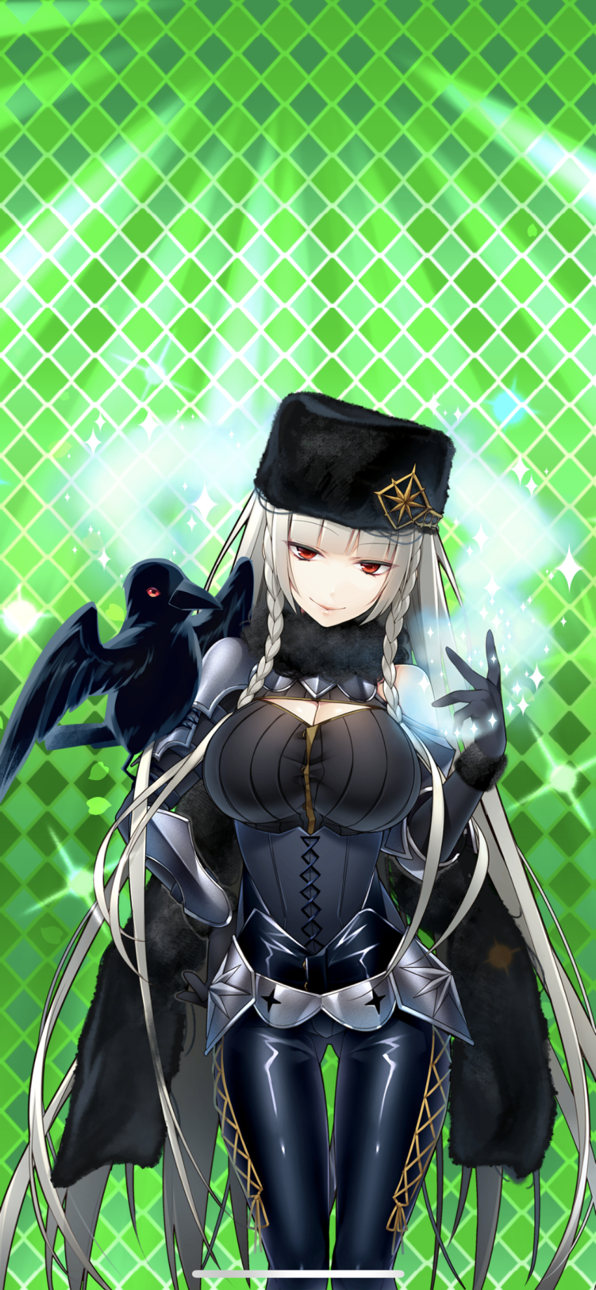 1girl absurdres albino argyle_background armor belt black_bodysuit black_dress black_gloves bodysuit braid breasts cape chain-link_fence checkered_background cleavage cleavage_cutout closed_mouth clothing_cutout corset cowboy_shot cross dress fence fur_trim giuniu gloves glowing green_background hat highres honeycomb_(pattern) honeycomb_background large_breasts long_hair long_sleeves looking_at_viewer morigan_raven pants pantyhose red_eyes shiny_clothes sidelocks single_braid skin_tight smile solo standing thigh_gap turtleneck twin_braids uchi_no_hime-sama_ga_ichiban_kawaii very_long_hair weapon white_hair
