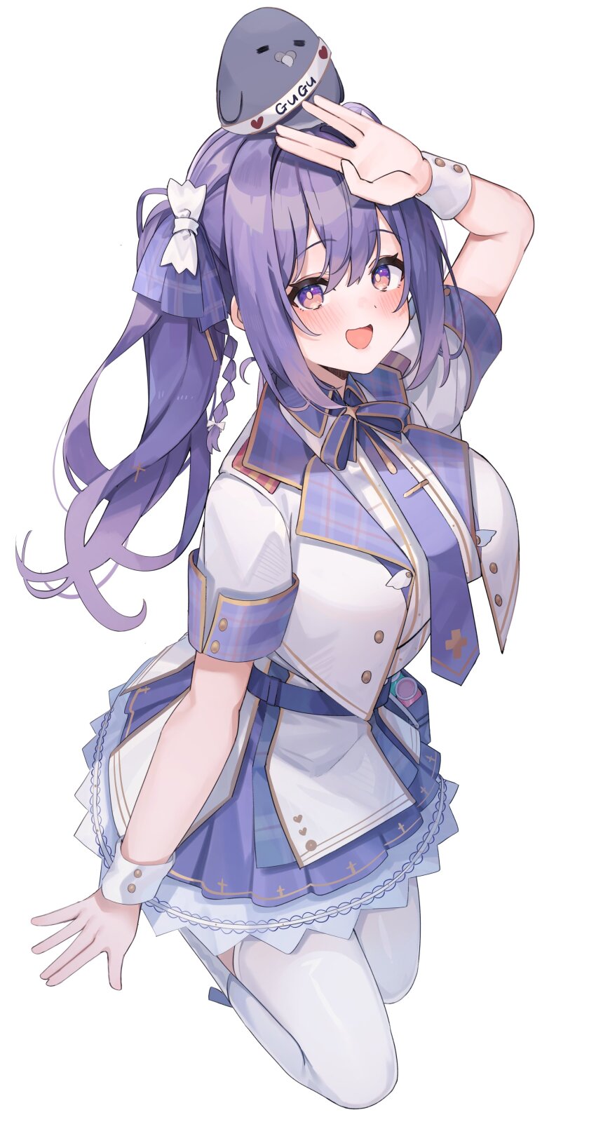 1girl absurdres arm_up bird blue_necktie blue_skirt blush bow breasts commission full_body hair_between_eyes hair_ornament highres indie_virtual_youtuber jacket kuroshiro_kanae large_breasts long_hair looking_at_viewer necktie open_clothes open_jacket open_mouth purple_eyes purple_hair rutice shirt short_sleeves simple_background skeb_commission skirt smile solo thighhighs virtual_youtuber white_background white_jacket white_shirt white_thighhighs wrist_cuffs
