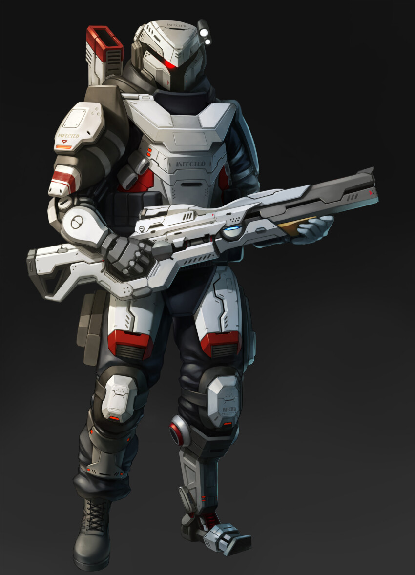 1other absurdres armor cyborg energy_gun full_armor full_body gradient_background grey_background gun hantata headlamp highres holding holding_gun holding_weapon mechanical_legs original rifle science_fiction simple_background single_mechanical_leg solo weapon