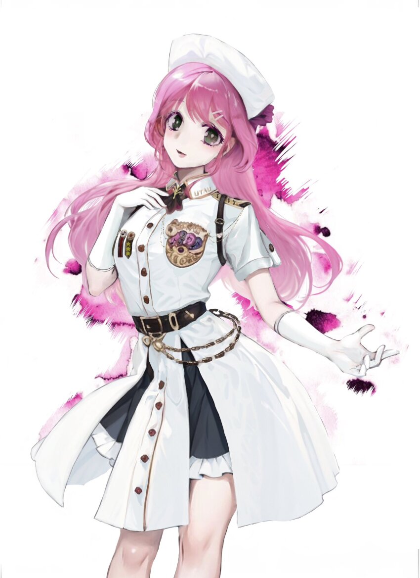 1girl alternate_costume alternate_universe belt black_belt black_shorts buttons chain elbow_gloves gloves green_eyes hair_between_eyes hand_up hat highres jacket long_hair medal military_uniform mococo_(w-drill) momone_momo nurse nurse_cap parted_bangs pink_hair shield_print shorts simple_background solo standing utau white_background white_gloves