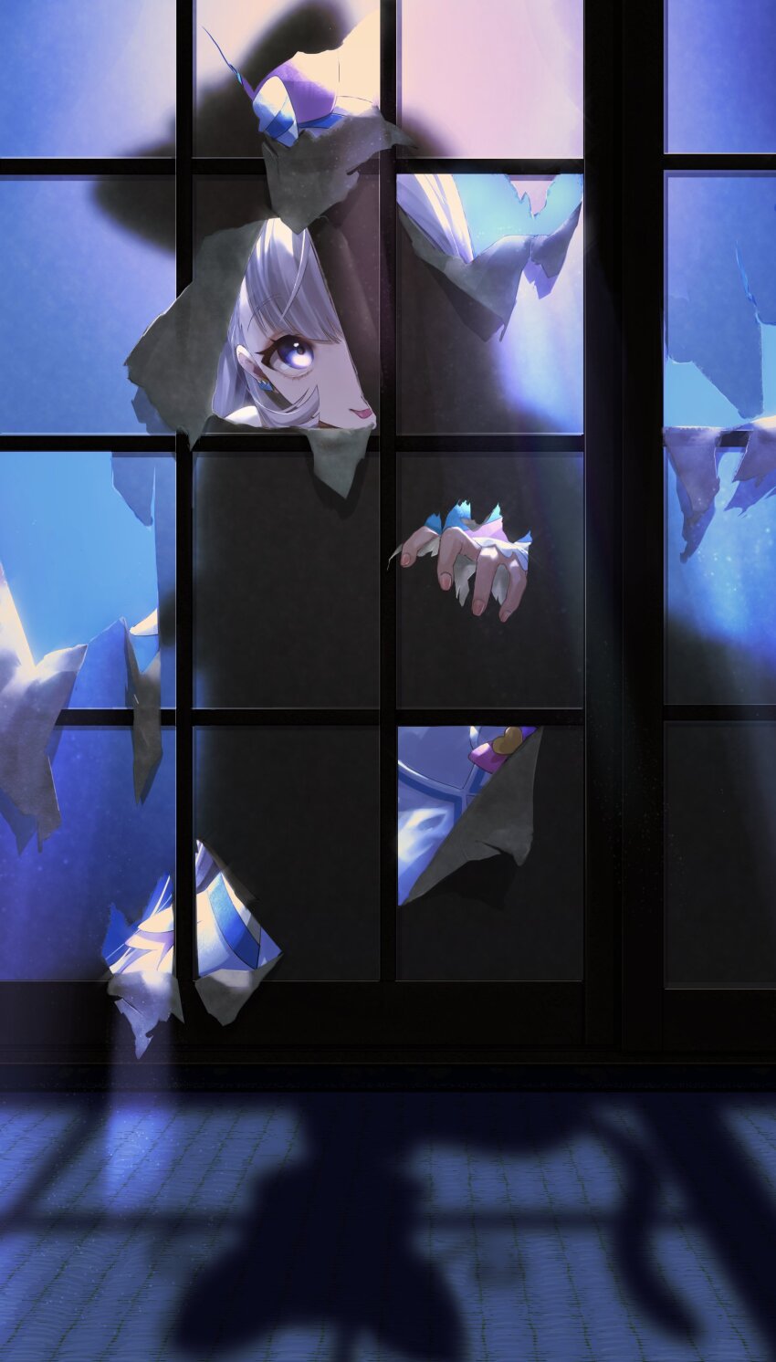 1girl absurdres blue_eyes blunt_bangs bow cure_nyammy curtains earrings fingernails highres jewelry konsuke0 long_hair looking_at_viewer nail_polish nekoyashiki_yuki nekoyashiki_yuki_(cat) night precure see-through_curtains shadow solo solo_focus tongue tongue_out wonderful_precure!