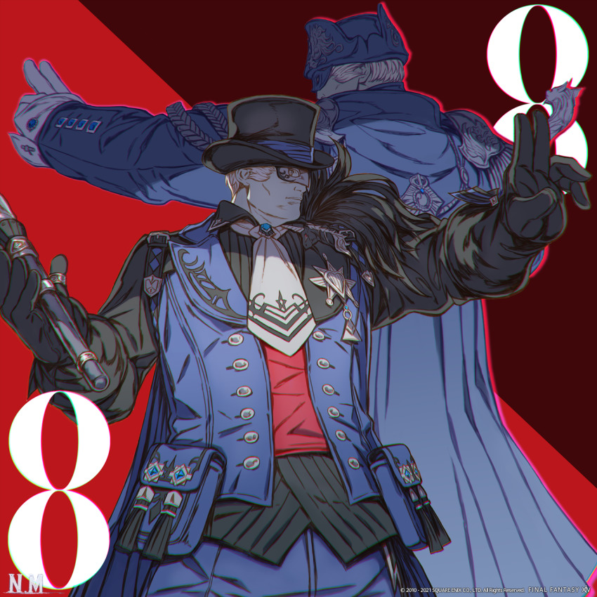 2boys ascot black_gloves blue_mage_(final_fantasy) cape copyright_name cuff_links domino_mask final_fantasy final_fantasy_xiv gloves hat highres jacket mask multiple_boys official_art red_shirt roegadyn shirt top_hat warrior_of_light_(ff14) white_gloves white_hair