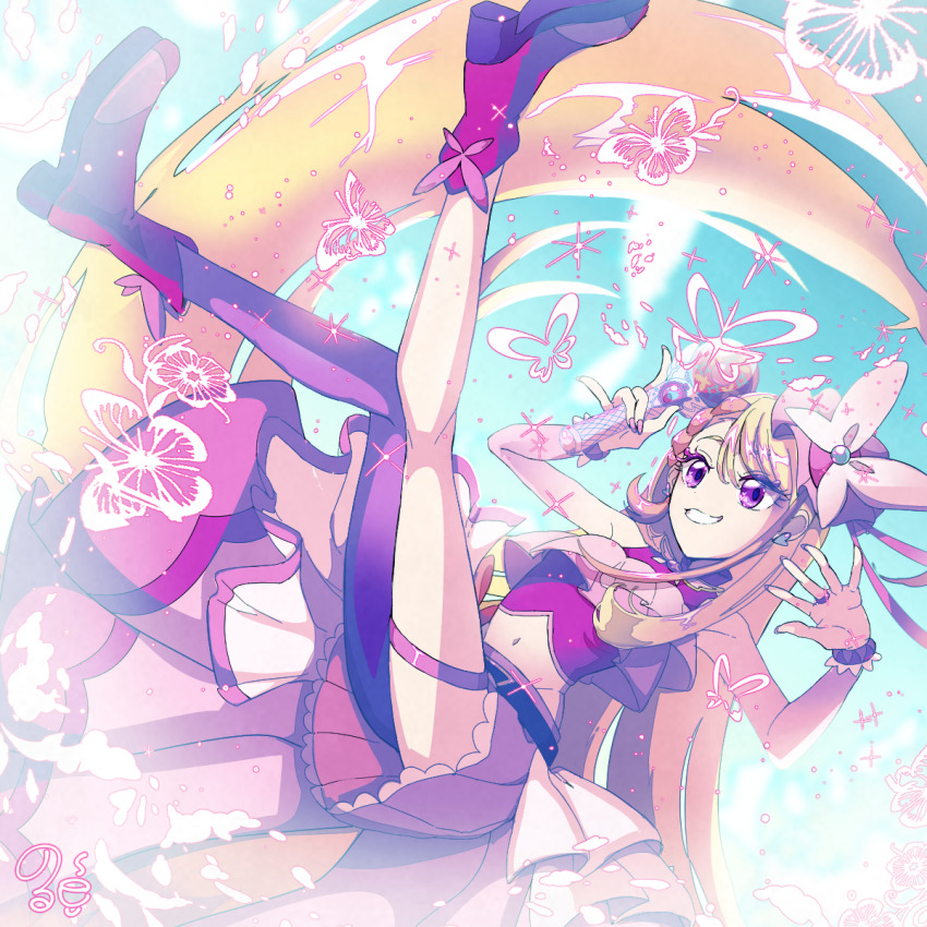 1girl ankle_boots belt black_belt blonde_hair blue_sky boots bow bow_skirt braid braided_bangs bridal_gauntlets brooch bug butterfly butterfly_hat_ornament crop_top cropped_shirt cure_butterfly earrings elbow_gloves floating frilled_shirt frills gloves grin hat hat_ornament highres hijiri_ageha hirogaru_sky!_precure holding holding_staff holding_wand insect jewelry legs_up long_hair looking_at_viewer magical_girl microskirt midriff mob_cap multicolored_hair navel norwo724 orange_hair pantyhose pink_boots pink_bow pink_eyes pink_gloves pink_hat pink_shirt pink_skirt pink_thighhighs pleated_skirt precure purple_eyes purple_pantyhose red_bow shirt showgirl_skirt single_leg_pantyhose skirt sky sky_mirage sleeveless sleeveless_shirt smile solo sparkle staff thigh_strap thighhighs tilted_headwear two-tone_hair two-tone_skirt very_long_hair wand white_skirt wing_brooch