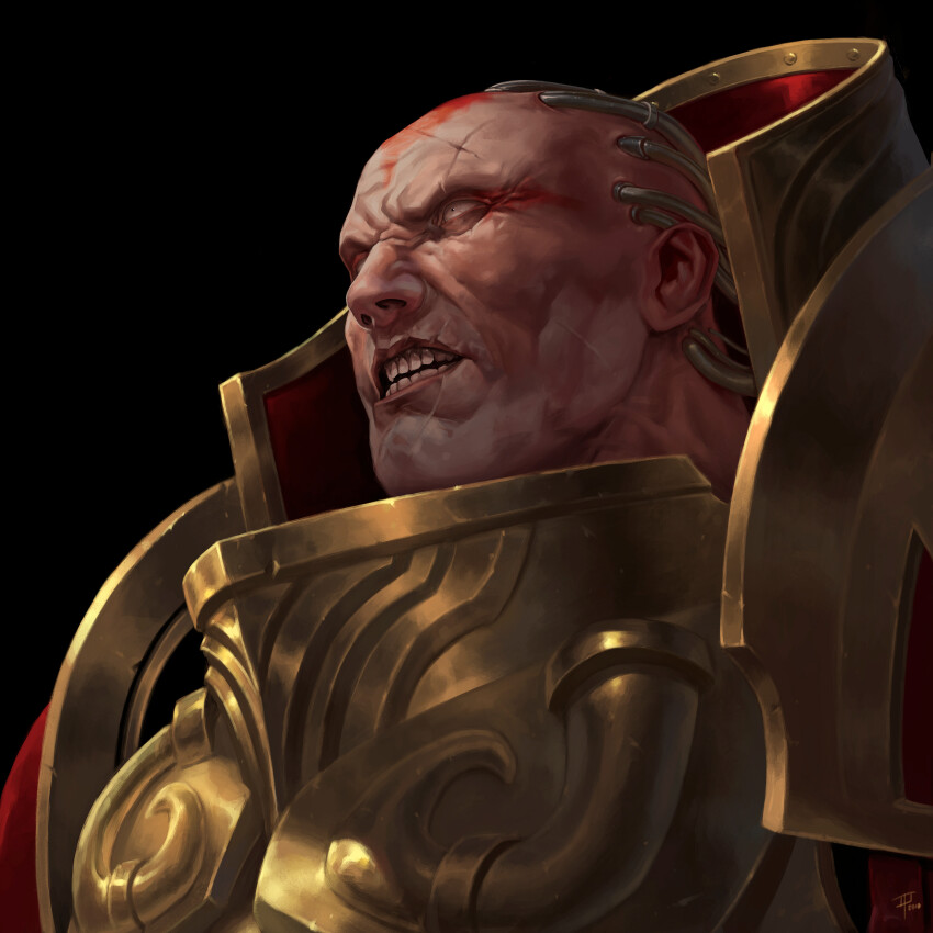 absurdres adrian4rt angron angry armor bald black_background butchers_nails cable gold_armor highres imperium_of_man male_focus power_armor primarch red_armor scar semi_realisim signature simple_background veins warhammer_40k white_eyes world_eaters