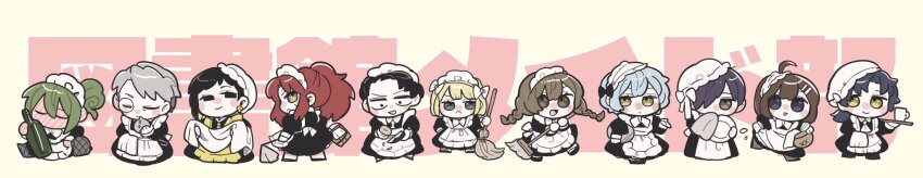 5boys 6+girls alternate_costume angela_(project_moon) apron binah_(project_moon) black_dress black_eyes black_hair blonde_hair blue_eyes blue_hair bottle bow bowtie braid broom brown_eyes brown_hair chesed_(project_moon) chibi closed_eyes crossdressing dress drunk enmaided fishnet_pantyhose fishnets full_body gebura_(project_moon) green_eyes green_hair grey_hair hat highres hod_(project_moon) hokma_(project_moon) holding holding_broom holding_tray kojocho05 library_of_ruina long_hair long_image long_sleeves looking_at_viewer maid maid_apron maid_headdress male_maid malkuth_(project_moon) monocle multiple_boys multiple_girls netzach_(project_moon) pantyhose ponytail project_moon purple_hair red_hair roland_(project_moon) short_hair short_sleeves simple_background standing tiphereth_a_(project_moon) tray twin_braids waist_apron white_apron white_bow white_bowtie white_hat wide_image wine_bottle yellow_apron yellow_eyes yesod_(project_moon)