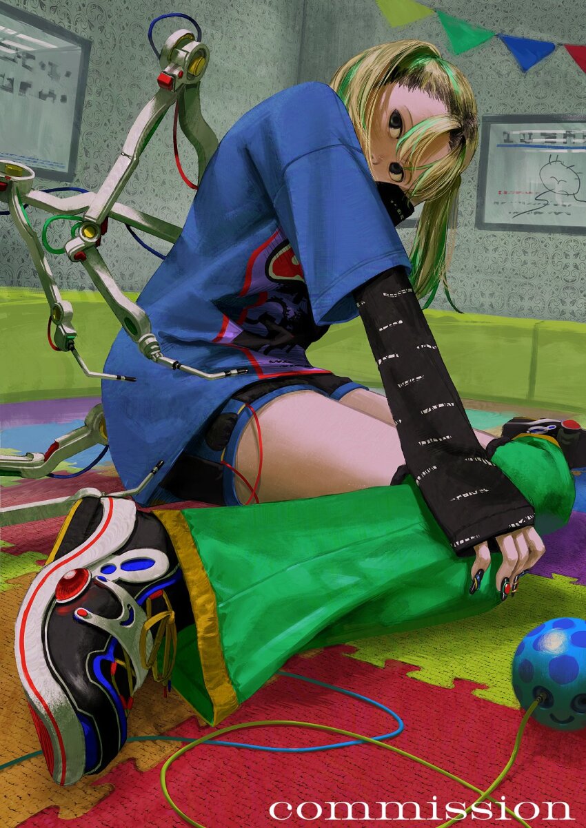 1girl black_eyes blonde_hair commission cyborg expressionless extra_arms full_body green_hair highres indoors joints kanikumi_toi long_hair long_sleeves looking_at_viewer mechanical_arms multicolored_hair original robot_joints shirt shoes short_shorts shorts sitting sneakers solo twintails two-tone_hair