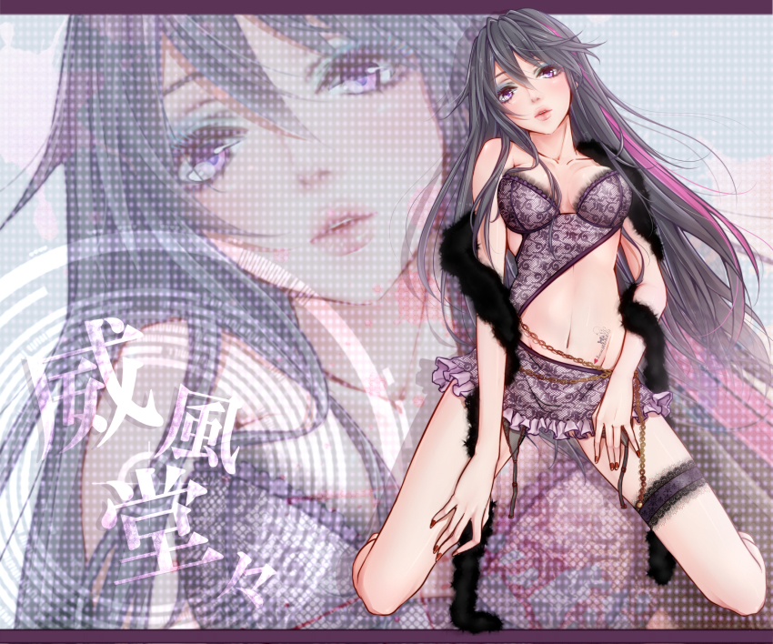 1girl blush chain collarbone eyeshadow feather_boa female_focus highres ifuudoudou_(vocaloid) japanese_text kneeling lingerie lips lipstick long_hair looking_at_viewer makeup masami_chie multicolored_hair nail_(hardware) nail_polish navel nose original purple_eyes purple_hair solo streaked_hair tattoo tears underwear untied vocaloid zoom_layer
