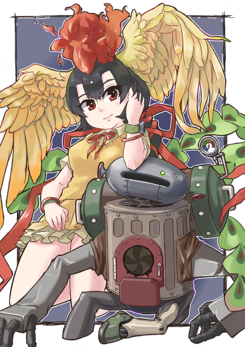 1girl absurdres black_hair cardigan closed_mouth hair_ornament hi_no_tori_(kemono_friends) highres kemono_friends long_hair looking_at_viewer metropolis neck_ribbon red_eyes red_ribbon ribbon robot short_sleeves simple_background skirt smile tail toriny wings