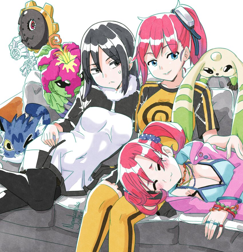 3girls absurdres aiba_ami anniversary black_hair black_pantyhose blue_camisole blue_eyes blush breasts camisole cleavage digimon digimon_(creature) digimon_story:_cyber_sleuth dress gears group_picture hagurumon highres hood hooded_jacket horns jacket kamishiro_yuuko lap_pillow large_breasts long_hair multiple_girls nanaeljustice palmon pantyhose pink_jacket red_hair shiramine_nokia shirt side_ponytail simple_background single_horn sitting sleeping terriermon thighhighs twintails wanyamon white_background white_dress yellow_shirt yellow_thighhighs