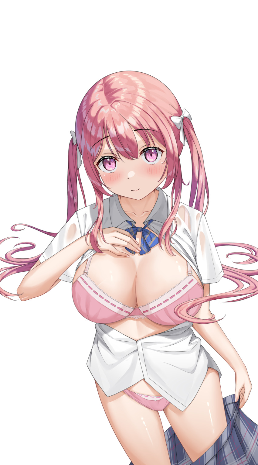 1girl absurdres blue_skirt blush bow bra breasts cleavage hair_bow highres large_breasts looking_at_viewer open_clothes original panties partially_unbuttoned pink_bra pink_eyes pink_hair pink_panties plaid_clothes plaid_skirt pleated_skirt school_uniform see-through_clothes shirt short_sleeves skirt smile solo sponge_rain twintails underwear undressing white_bow white_shirt