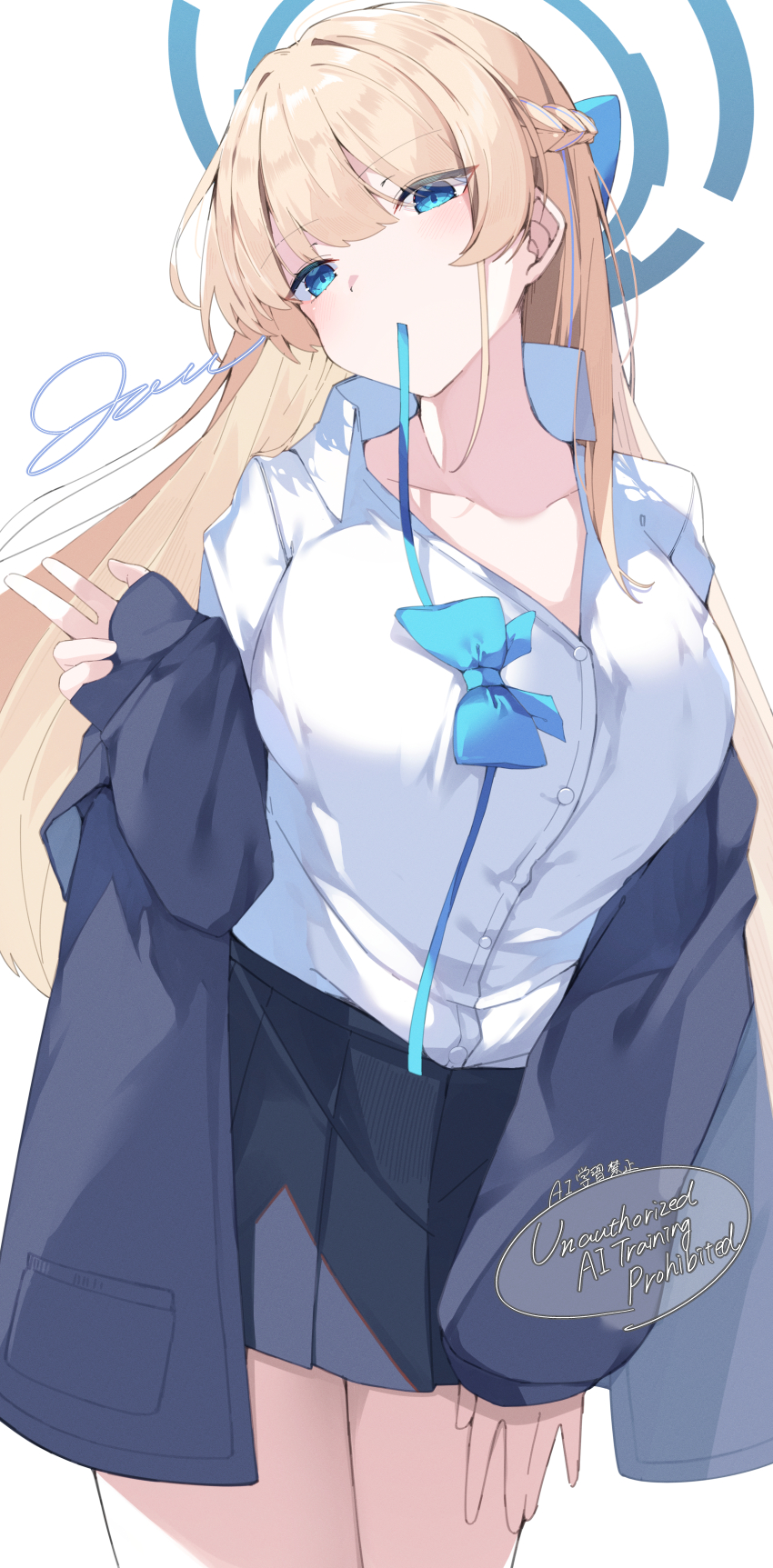 1girl absurdres alternate_breast_size arched_back blonde_hair blue_archive blue_bow blue_bowtie blue_eyes blue_hair blue_halo blush bow bowtie braid cardigan commentary_request cowboy_shot dress_shirt grey_cardigan grey_skirt hair_bow half_up_braid halo hand_on_own_thigh head_tilt highres jam_(jamjam777) long_hair long_sidelocks long_sleeves miniskirt mouth_hold multicolored_hair off_shoulder official_alternate_costume pinching_sleeves pleated_skirt shirt sidelocks skirt solo streaked_hair toki_(blue_archive) toki_(school_uniform)_(blue_archive) unworn_bowtie v white_shirt