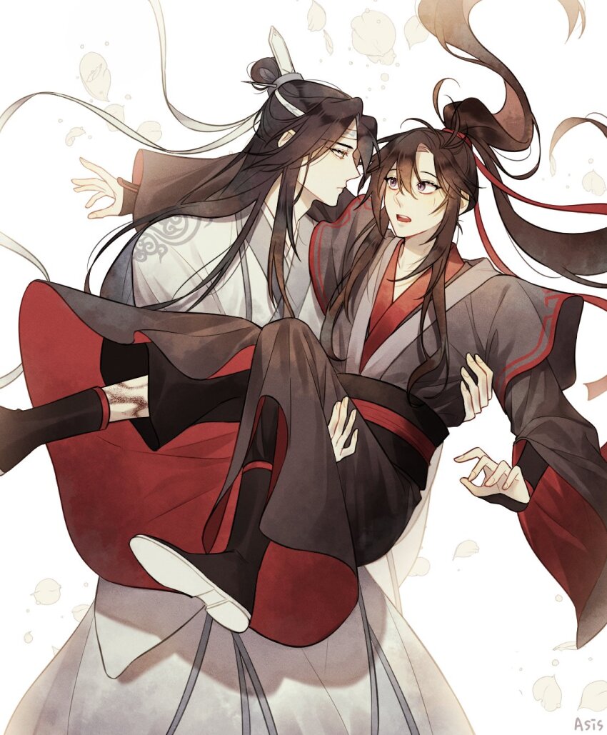 2boys ahoge artist_name asis_5475 bishounen black_boots black_hair black_hanfu boots carrying chinese_clothes eye_contact falling_petals floating_hair hair_ribbon hanfu headband high_ponytail highres lan_wangji long_hair long_sleeves looking_at_another male_focus modao_zushi multiple_boys open_mouth petals ponytail princess_carry purple_eyes red_ribbon ribbon robe sash sidelocks simple_background topknot very_long_hair wei_wuxian white_background white_hanfu white_headband wide_sleeves xiao_guan_(headdress) yaoi