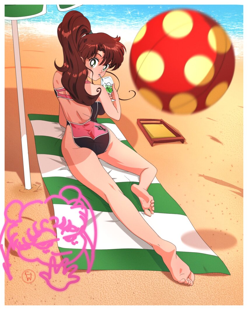 1girl ass ball beach beachball bishoujo_senshi_sailor_moon breasts brown_hair cup drinking drinking_glass fritz_willie green_eyes highres kino_makoto large_breasts long_hair lying ocean on_stomach one-piece_swimsuit parasol ponytail sand swimsuit towel tsukino_usagi umbrella water