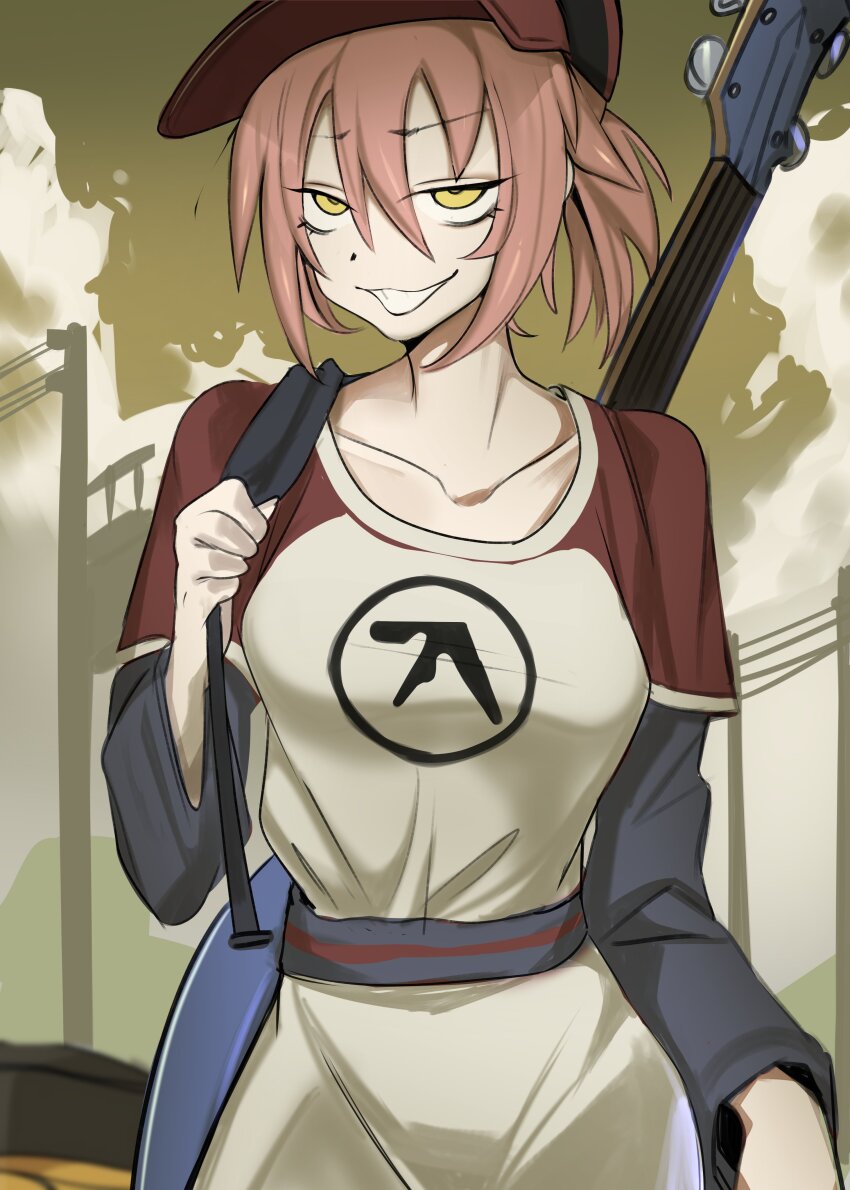 1girl absurdres aphex_twin bags_under_eyes brown_sky cloud commentary cowboy_shot electric_guitar flcl grin guitar hair_between_eyes haruhara_haruko hat highres instrument layered_sleeves lerimar long_bangs long_sleeves looking_at_viewer pink_hair power_lines raglan_sleeves red_hat shirt short_hair short_over_long_sleeves short_sleeves smile solo utility_pole white_shirt yellow_eyes