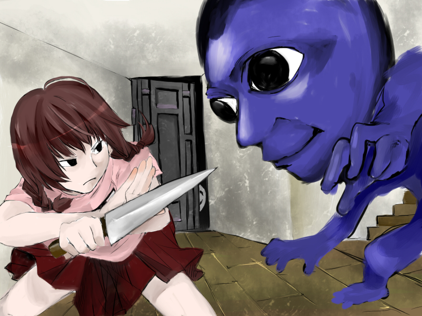1girl ao_oni black_eyes blue_oni blue_skin braid brown_hair colored_skin crossover door fighting highres knife long_hair madotsuki mayonaka_niji_sugi oni sketch skirt the_oni_(ao_oni) twin_braids uboa weapon yume_nikki