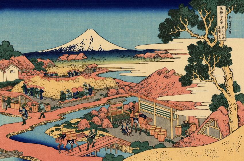19th_century 6+boys 6+girls absurdres bald black_hair blue_kimono blue_sky cloud covering_face facing_away fine_art_parody gradient_sky green_kimono hat highres hokusai horse house japan japanese_clothes japanese_text kimono landscape looking_down mount_fuji mountain multiple_boys multiple_girls nihonga obi original outdoors parody river rooftop sash scenery sky straw straw_hat thatched_roof thirty-six_views_of_mount_fuji town traditional_media tree ukiyo-e volcano water