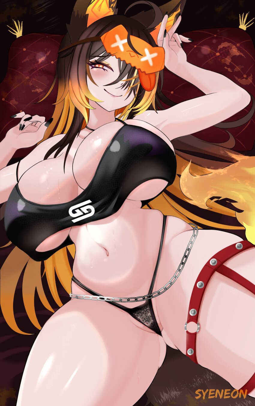 1girl animal_ears black_panties black_tank_top blindfold_on_head breasts brown_hair choker cleavage company_logo fiery_ears fiery_tail g-string gamer_supps gluteal_fold hair_over_one_eye highleg highleg_panties highres indie_virtual_youtuber large_breasts long_hair looking_at_viewer multicolored_hair nail_polish navel orange_blindfold orange_eyes orange_fire orange_hair orange_streaks panties print_tank_top sinder_(vtuber) sinder_(vtuber)_(pyro_pajamas) sleep_mask smile solo spikes streaked_hair syeneon tail tank_top thong underwear virtual_youtuber wolf_ears wolf_girl wolf_tail