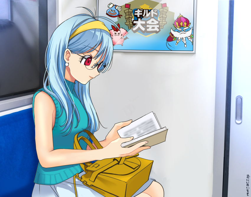 1girl absurdres alternate_costume alternate_universe aqua_sweater bag beard bespectacled black-framed_eyewear blue_hair book character_request commentary_request dragon_quest dragon_quest_iii dragon_quest_walk earrings facial_hair glasses hairband handbag highres holding holding_book in-franchise_crossover jewelry long_hair momoiito monan neckerchief office_lady open_book pink_sanguini reading red_eyes red_neckerchief sage_(dq3) semi-rimless_eyewear sitting skirt sleeveless sleeveless_sweater sleeveless_turtleneck sleeveless_turtleneck_sweater slime_(dragon_quest) solo sphere_earrings sweater train train_interior translation_request turtleneck white_facial_hair white_skirt yellow_hairband
