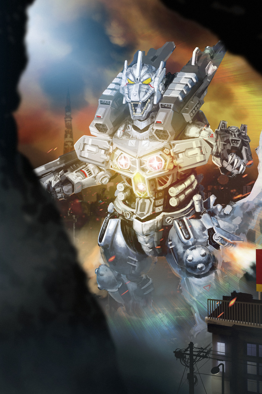 absurdres ammunition_backpack back_unit cannon chest_cannon cyborg directed-energy_weapon energy energy_cannon energy_weapon glowing godzilla:_tokyo_s.o.s. godzilla_(series) highres japanese_text jetpack kaiju katsumi_mole kiryu_(godzilla) magnetic_weapon maser maser_cannon mecha mechagodzilla missile_launcher missile_pod no_humans open_mouth railgun robot rocket_launcher rocket_pod sharp_teeth spikes teeth toho type-4_railgun type-4_triple_hyper_maser_cannon weapon wrist_cannon wrist_gun yellow_eyes
