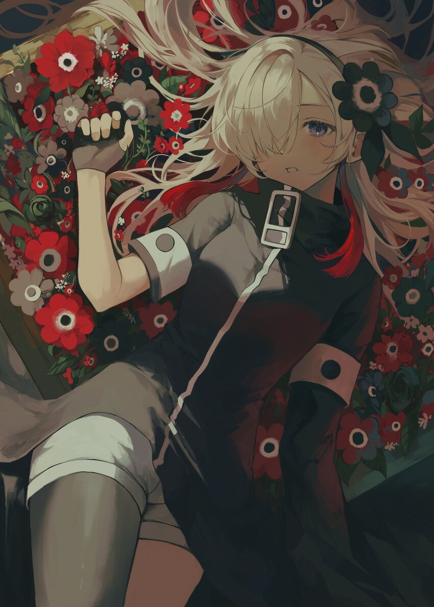 absurdres anemone_(flower) asymmetrical_hair black_pantyhose flower flower_bed hair_flower hair_ornament head_ornament highres isekaijoucho kamitsubaki_studio long_hair looking_at_viewer lying misin322 multicolored_hair one_eye_covered pantyhose red_hair short_sleeves two-tone_hair virtual_youtuber white_hair