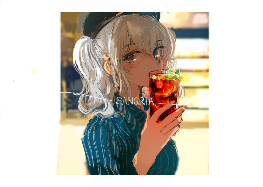 1girl alcohol beret blue_eyes blush border breasts closed_mouth cup custom_(cus-tom) english_text grey_hair hair_between_eyes hat holding holding_cup kantai_collection kashima_(kancolle) leaf looking_at_viewer sangria_(drink) shirt solo striped_clothes striped_shirt twintails upper_body vertical-striped_clothes vertical-striped_shirt wavy_hair white_border