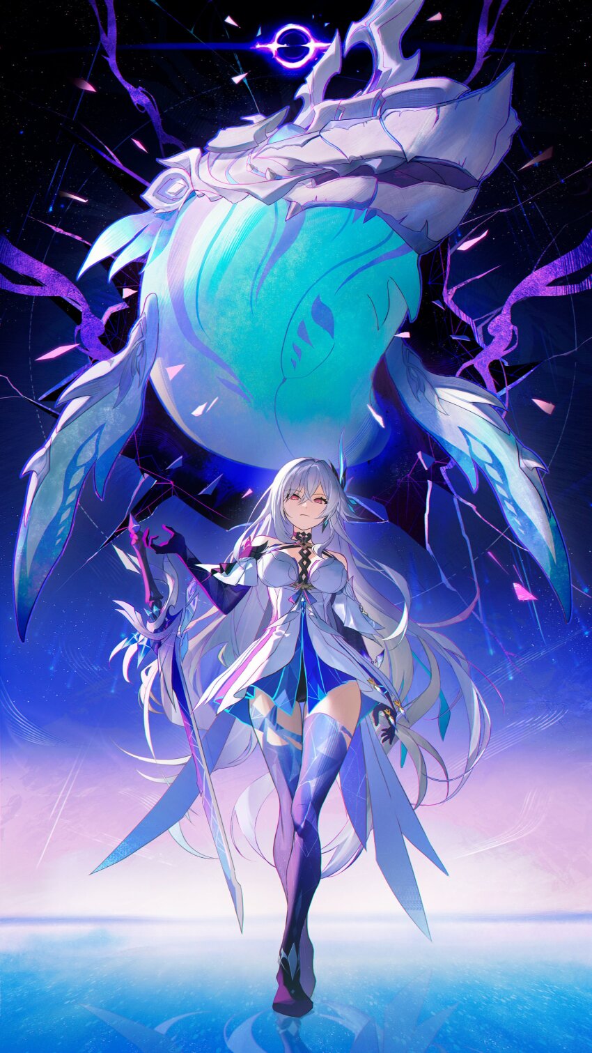 1girl absurdres all-devouring_narwhal_(genshin_impact) azurelight_(genshin_impact) black_unitard breasts closed_mouth commentary crossed_legs dress full_body genshin_impact hair_ornament hand_up highres large_breasts long_hair looking_at_viewer night night_sky purple_hands purple_thighhighs red_eyes skirk_(genshin_impact) sky solo srro_yo star_(sky) thigh_gap thighhighs watson_cross whale white_dress white_hair