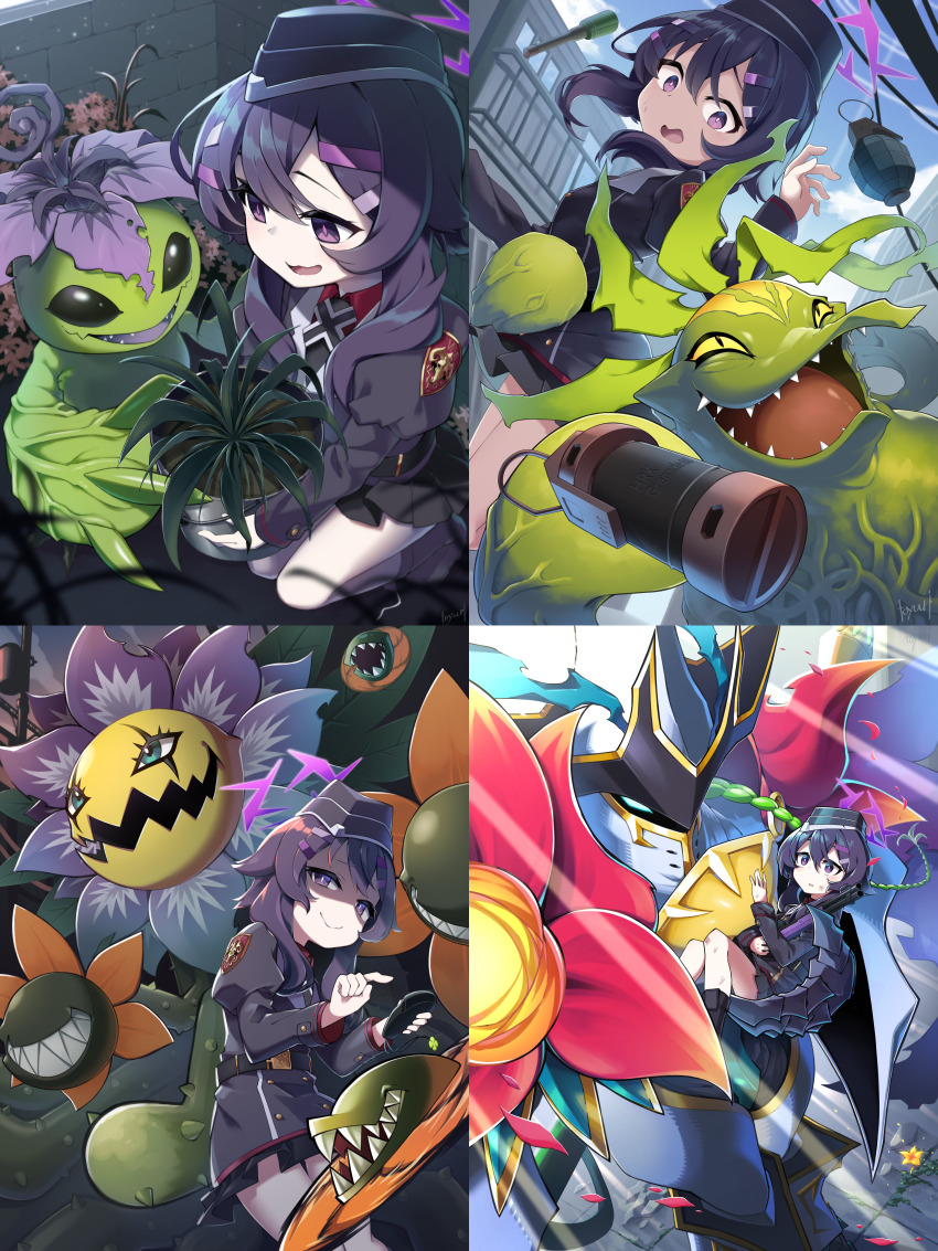1girl absurdres alraumon armor bloomlordmon blossomon blue_archive blue_eyes crossover digimon digimon_(creature) evolutionary_line flower full_armor haruka_(blue_archive) hat highres lance looking_at_another original petals polearm weapon zassoumon