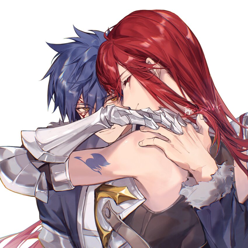 1boy 1girl arm_armor arm_tattoo armor blue_hair closed_mouth erza_scarlet facial_tattoo fairy_tail hair_between_eyes highres hug jellal_fernandes long_hair long_sleeves looking_back red_eyes red_hair short_hair signature simple_background tattoo white_background xuchuan