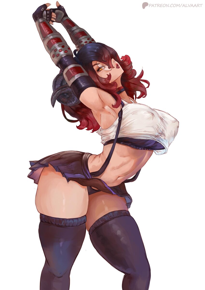 1girl absurdres adc_vr alva_(artofalva) arms_up black_bra black_hair black_panties black_thighhighs bra breasts cosplay dark-skinned_female dark_skin dragon_horns elbow_gloves elbow_pads face_piercing final_fantasy final_fantasy_vii final_fantasy_vii_remake fingerless_gloves glasses gloves highres horns indie_virtual_youtuber large_breasts long_hair looking_at_viewer multicolored_hair navel nose_piercing panties patreon_username piercing pleated_skirt red_hair red_lips skirt solo stretching suspender_skirt suspenders tank_top thighhighs tifa_lockhart tifa_lockhart_(cosplay) two-tone_choker two-tone_hair underwear virtual_youtuber vrchat watermark web_address white_background white_tank_top yellow_eyes