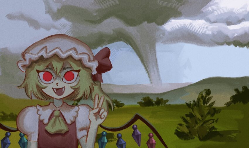 1girl :d ascot blonde_hair collared_shirt crossed_bangs fangs flandre_scarlet flandrepudding frilled_shirt_collar frills hat highres looking_at_viewer mob_cap one_side_up open_mouth puffy_short_sleeves puffy_sleeves red_eyes red_vest shirt short_hair short_sleeves smile solid_circle_pupils solo tornado touhou tree v vest white_shirt wings yellow_ascot