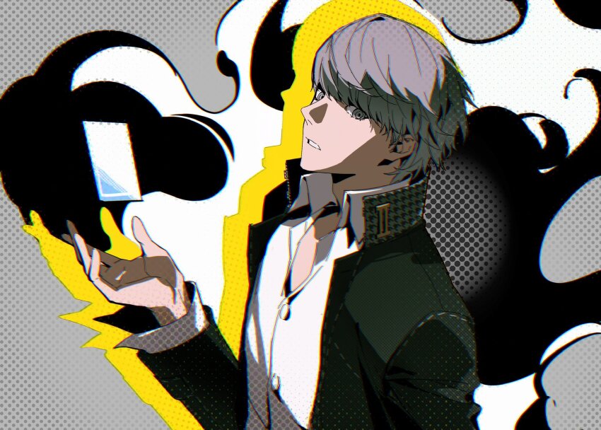 1boy black_jacket card floating floating_object grey_background grey_eyes grey_hair highres jacket lluyss long_sleeves looking_at_viewer male_focus narukami_yu outline persona persona_4 school_uniform shirt short_hair solo white_shirt yasogami_school_uniform yellow_outline