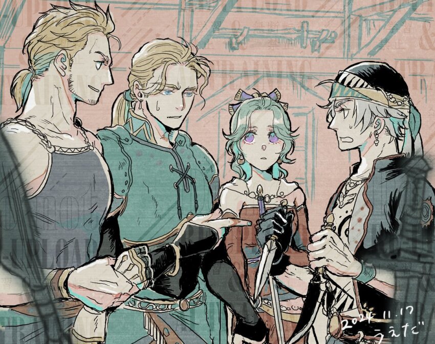 1girl 3boys black_jacket blonde_hair blue_eyes brothers dagger dated detached_sleeves dress dual_wielding earrings edgar_roni_figaro facial_hair final_fantasy final_fantasy_vi green_hair grey_hair hair_ribbon headscarf holding holding_dagger holding_knife holding_weapon jacket jewelry knife locke_cole low_ponytail multiple_boys open_mouth parted_lips ponytail purple_eyes red_dress red_sleeves ribbon sabin_rene_figaro sash shirt siblings sleeveless sleeveless_shirt strapless strapless_dress stubble sweatdrop tina_branford tube_dress uedymummy0921 upper_body waist_sash watermark weapon