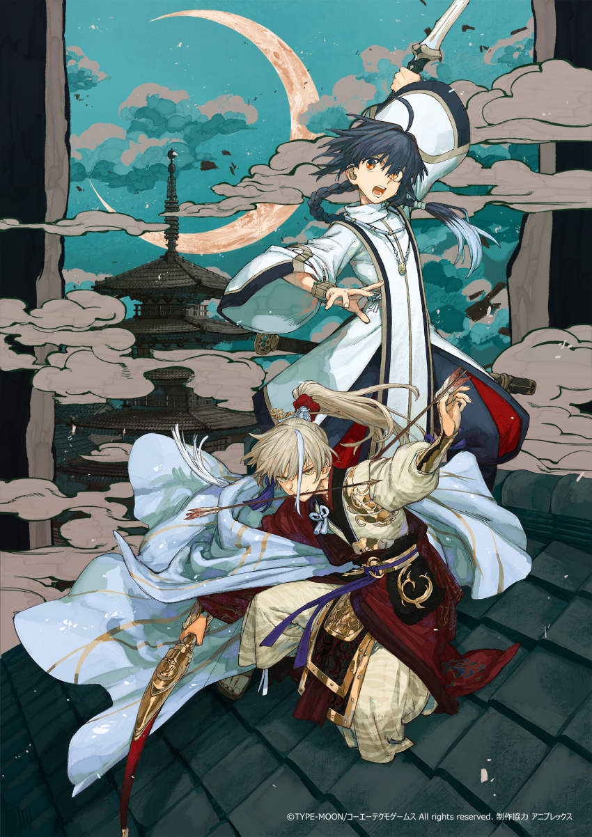 2boys amenomurakumo-no-tsurugi_(fate) amulet androgynous archer_(fate/samurai_remnant) arrow_(projectile) black_hair bow braid braided_ponytail chinese_clothes chinese_hairpin comiket_105 crescent_moon fate/samurai_remnant fate_(series) hanfu highres jade_(gemstone) moon multiple_boys official_art red_robe robe wataru_rei white_hair white_hanfu yamato_takeru_(fate)