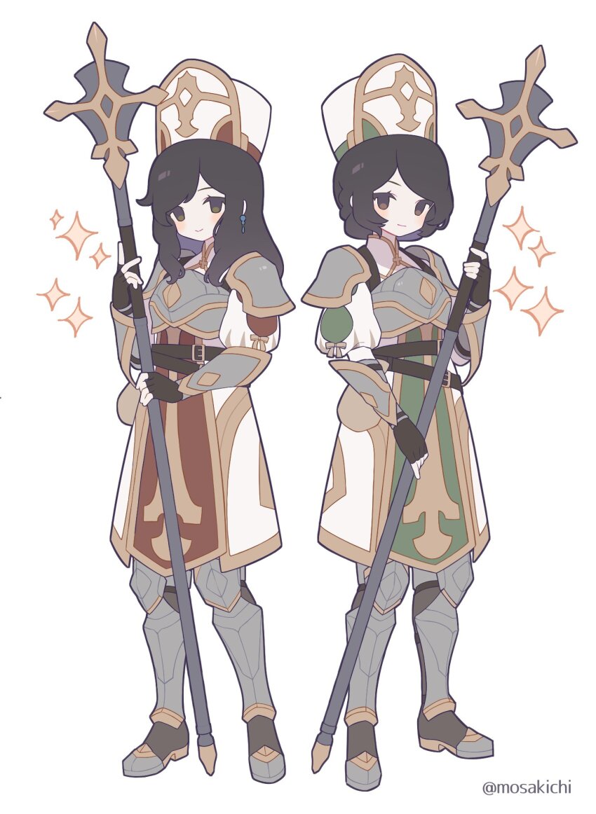 2girls armor black_hair breastplate brown_gloves cuisses dress fingerless_gloves gloves greaves green_dress hat highres holding holding_staff human_female_priest_(wizardry) juliet_sleeves long_hair long_sleeves looking_at_viewer marianne_(wizardry) mitre mosakichinoaka multiple_girls pauldrons priest puffy_sleeves red_dress short_hair shoulder_armor simple_background staff standing white_background white_dress white_hat wizardry_variants_daphne