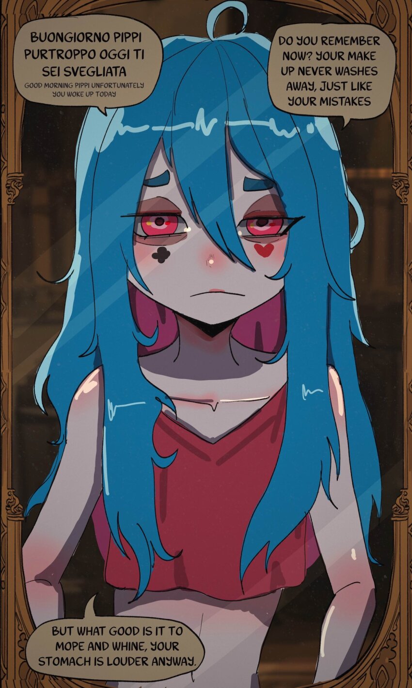 1girl ahoge aqua_hair basedbinkie colored_skin commentary crop_top english_commentary english_text facepaint highres looking_at_mirror low_twintails messy_hair mirror original pink_skin pippi_panini_(basedbinkie) speech_bubble twintails