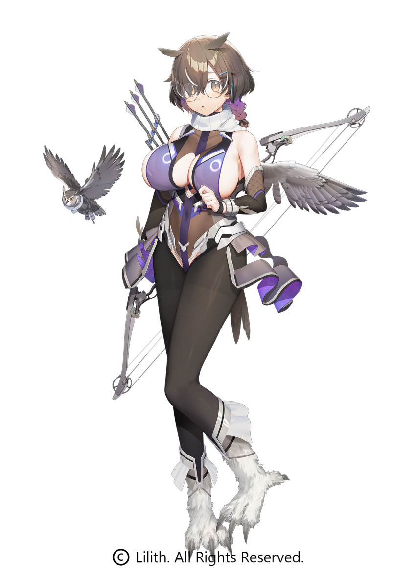 1girl arrow bird breasts glasses highres kuzumi_miona large_breasts lilith-soft namaniku_atk owl taimanin_(series) taimanin_rpgx