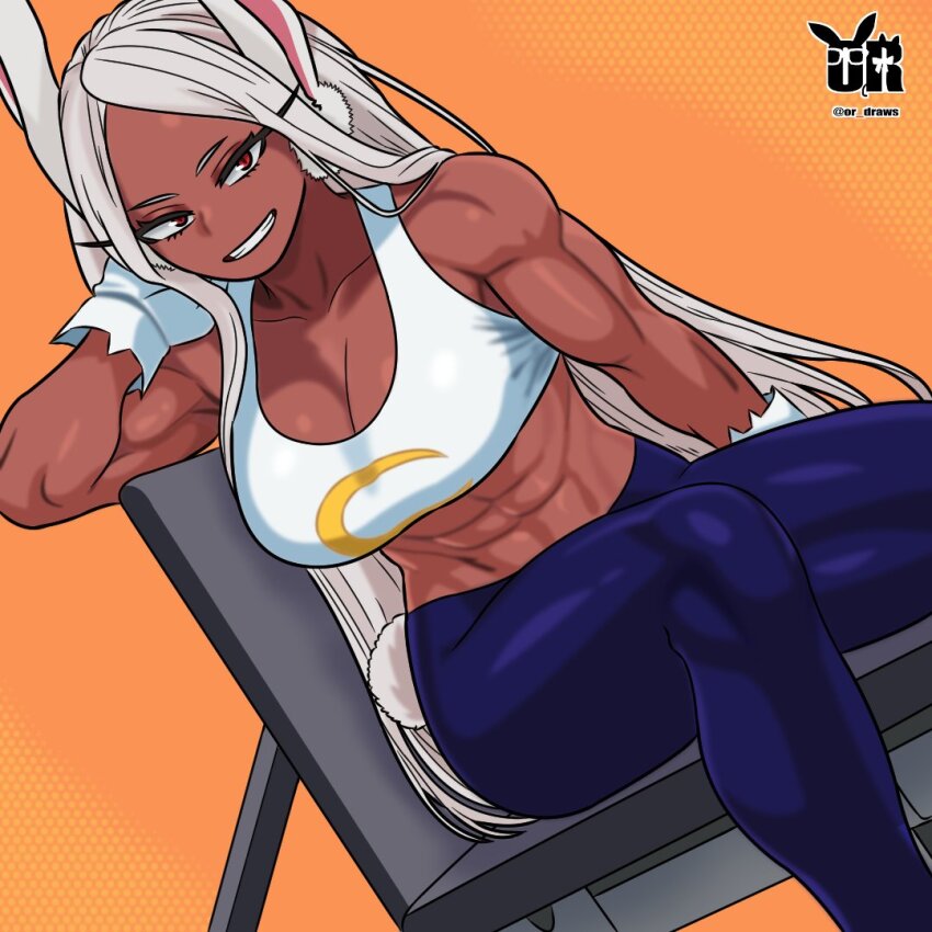 1girl abs animal_ears artist_name biceps boku_no_hero_academia breasts cleavage crescent_print dark-skinned_female dark_skin exercise_machine gloves large_breasts long_eyelashes long_hair looking_at_viewer midriff mirko muscular muscular_female or_draws rabbit_ears rabbit_girl red_eyes smile sports_bra toned toned_female white_hair