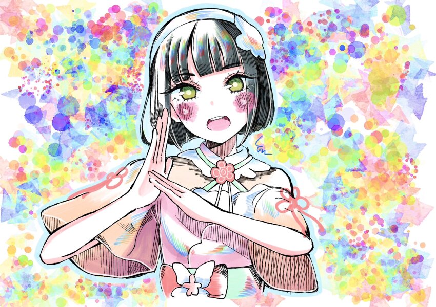 1girl :d aoku_haruka/flower black_hair blue_outline blunt_bangs blunt_ends blush bob_cut colorful_background commentary criss-cross_halter dancing dress gradient_clothes gradient_dress green_eyes hairband haji_wa_jinsei_no_kakisute halter_dress halterneck highres link!_like!_love_live! looking_at_viewer love_live! momose_ginko off-shoulder_dress off_shoulder official_alternate_costume open_mouth orange_dress outline short_hair short_sleeves smile solo tantan_(tan_barin_) virtual_youtuber white_hairband